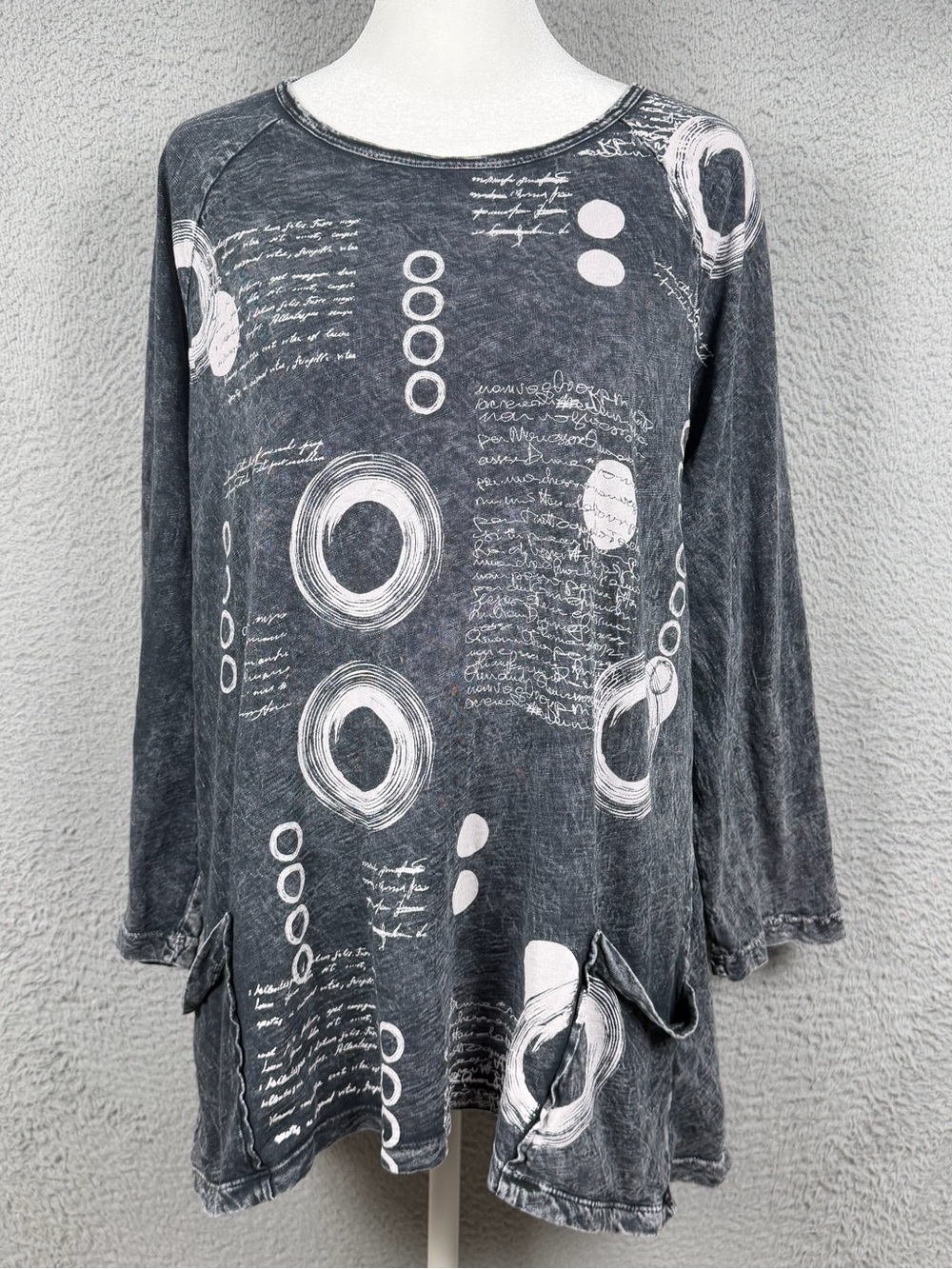 Jess and Jane Top Womens XL Black Mineral Washed Geometric Pockets Novelty Boho